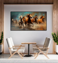 Painting for Bedroom: 4 Brown and 3 White horses running in abstract background, water