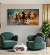 Painting for Drawing Room: 4 Brown and 3 White horses running in abstract background, water
