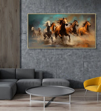 Large Painting for Drawing Room: 4 Brown and 3 White horses running in abstract background, water