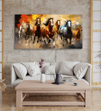 5 Brown horses, 1 White and 1 blue Horse, running in abstract background of Yellow, Red, Orance and grey heus