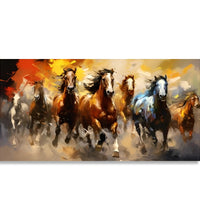 Painting for Living Room:5 Brown horses, 1 White and 1 blue Horse, running in abstract background of Yellow, Red, Orance and grey heus