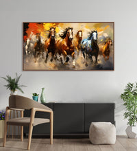 Painting for Home:5 Brown horses, 1 White and 1 blue Horse, running in abstract background of Yellow, Red, Orance and grey heus