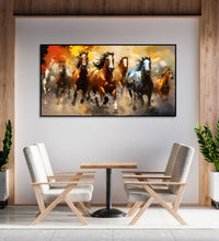 Painting for Bedroom: 5 Brown horses, 1 White and 1 blue Horse, running in abstract background of Yellow, Red, Orance and grey heus