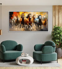 Painting for Drawing Room: 5 Brown horses, 1 White and 1 blue Horse, running in abstract background of Yellow, Red, Orance and grey heus