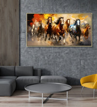 Large Painting for Drawing Room: 5 Brown horses, 1 White and 1 blue Horse, running in abstract background of Yellow, Red, Orance and grey heus