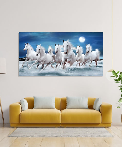 Seven white horses running in water, blue sky and moon in background