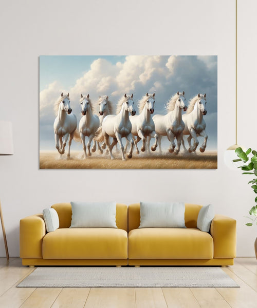 Seven White horses running towards slight right on ground beneath and white clouds in Sky behind