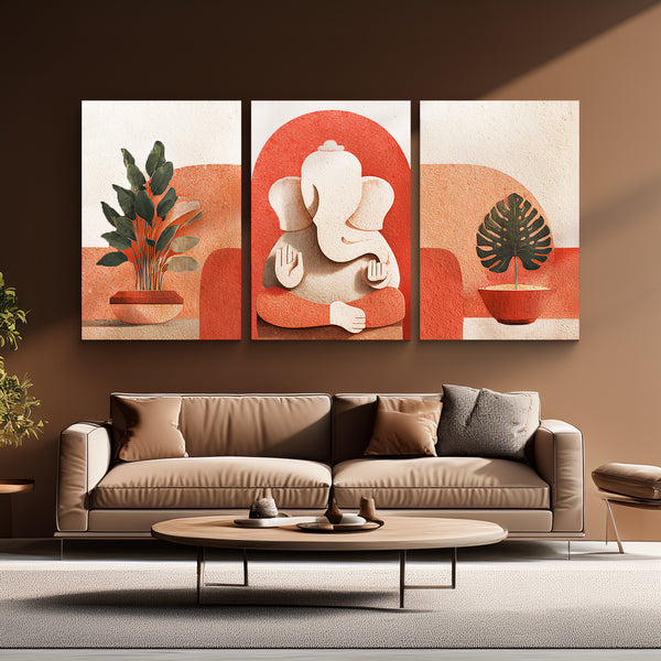 Textured Beige Ganesha Triptych with Leafy Indoor Vibes