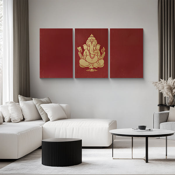 Elegant Red-Gold Ganesha Wall Panel Set in Modern Living Room