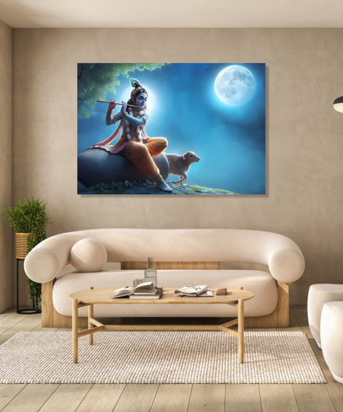 Krishna sitting under a tree and playing flute with a cow nearby in full moon light and blue sky