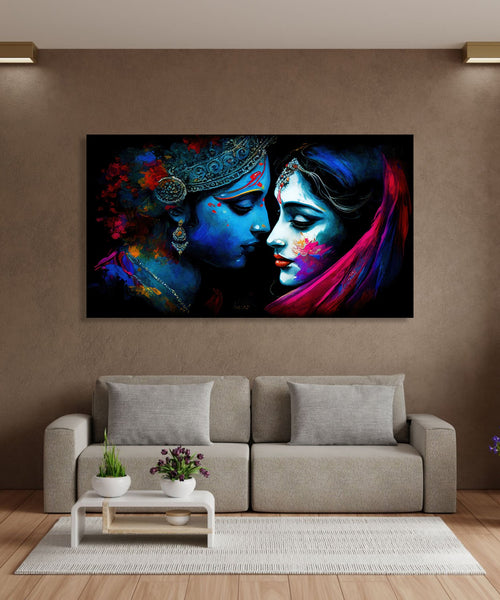 Radha and Krishna facing each other, in blue and pink heus