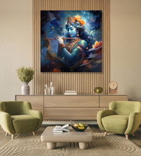 Krishna with Flute, and abstract background in Blue and orange heus