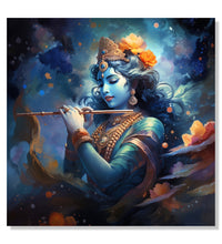 Painting for Living Room:Krishna with Flute, and abstract background in Blue and orange heus