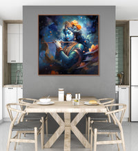 Painting for Home:Krishna with Flute, and abstract background in Blue and orange heus