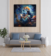 Painting for Bedroom: Krishna with Flute, and abstract background in Blue and orange heus