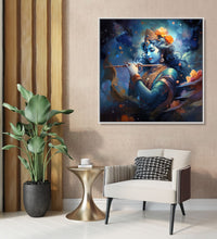 Painting for Drawing Room: Krishna with Flute, and abstract background in Blue and orange heus