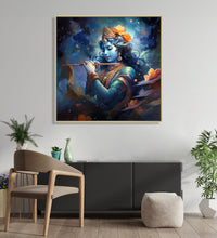 Large Painting for Drawing Room: Krishna with Flute, and abstract background in Blue and orange heus