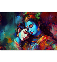 Painting for Living Room:Radha and krishna in each other embrace, in blue, orange and light skin colours and abstract background