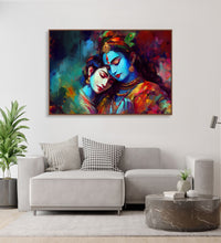 Painting for Home:Radha and krishna in each other embrace, in blue, orange and light skin colours and abstract background