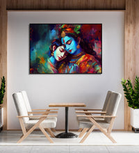Painting for Bedroom: Radha and krishna in each other embrace, in blue, orange and light skin colours and abstract background