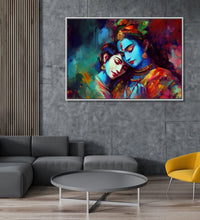 Painting for Drawing Room: Radha and krishna in each other embrace, in blue, orange and light skin colours and abstract background