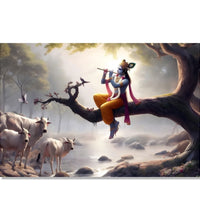 Painting for Living Room:Krishna sitting on a Tree Branch and playing flute, Cows listening and a stream trinkling down