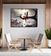 Painting for Bedroom: Krishna sitting on a Tree Branch and playing flute, Cows listening and a stream trinkling down