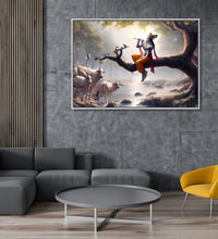 Painting for Drawing Room: Krishna sitting on a Tree Branch and playing flute, Cows listening and a stream trinkling down