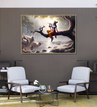 Large Painting for Drawing Room: Krishna sitting on a Tree Branch and playing flute, Cows listening and a stream trinkling down