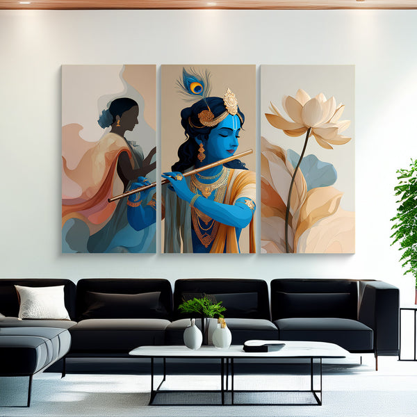 Krishna Flute and Lotus Trio Elegant Modern 3 Panel Painting
