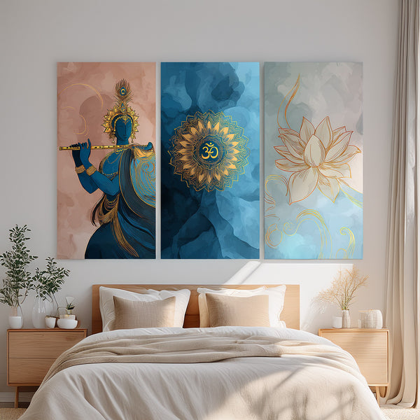 Krishna with Om & Lotus Blue-Golden Spiritual Triptych