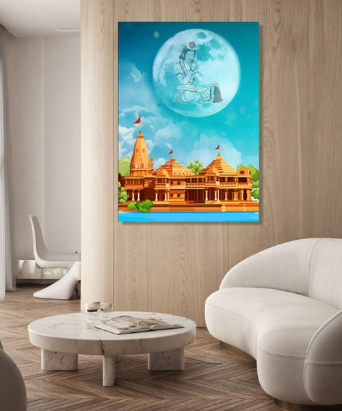 Ram Mandir in foreground and image of ShriRam worshipping a Shivling in full Moon in the sky. Turquoise and Orange colour.