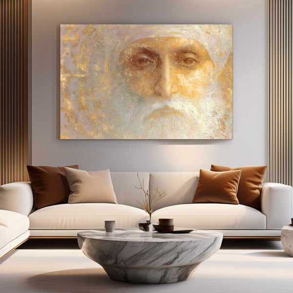 Spiritual Guru Portrait in Golden Aura Divine Sikh Art