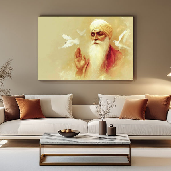 Guru Nanak Dev Ji Painting with Peaceful White Doves | Spiritual Sikh Art