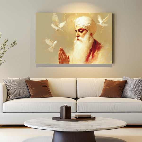 Guru Nanak Dev Ji Prayer Painting with Divine Aura