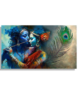 Radha Krishna, 1 peacock feather, blue theme 