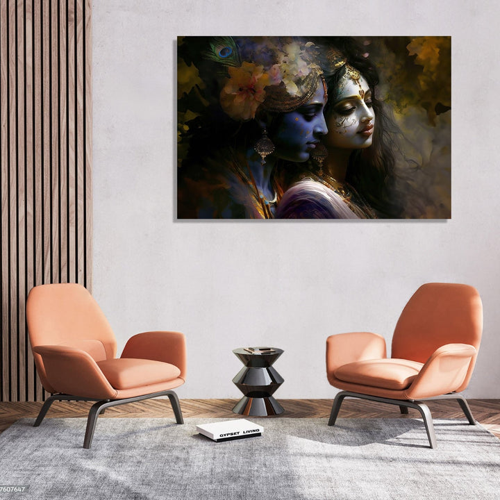 Radha Krishna facing right side and lost in thoughts, Blue Krishna and Beige Radha, with Krishna wearing flower head band