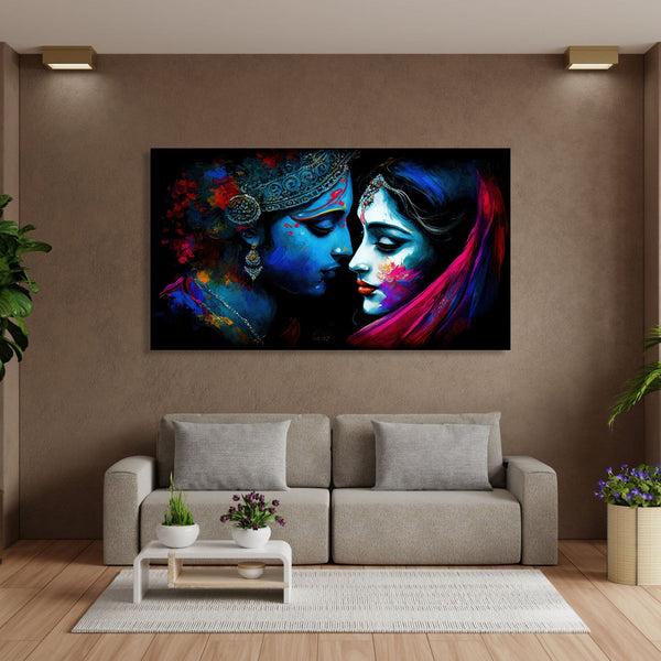 Radha and Krishna facing each other, in blue and pink heus