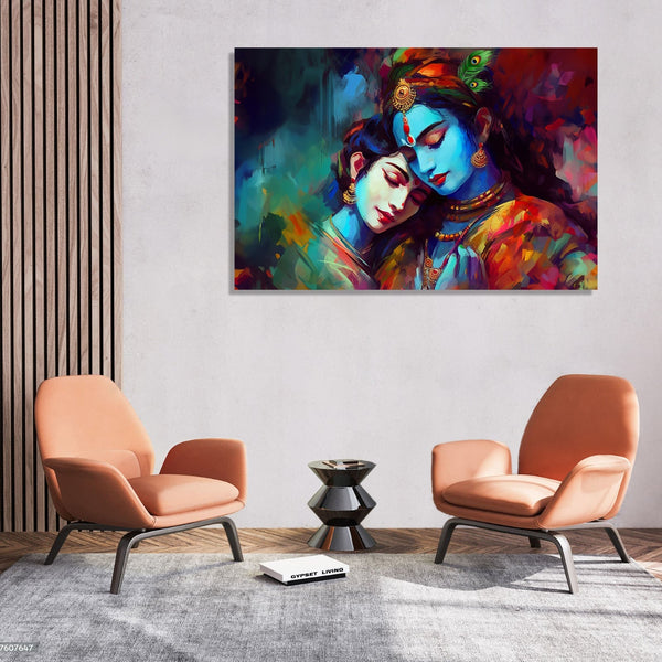 Radha and krishna in each other embrace, in blue, orange and light skin colours and abstract background