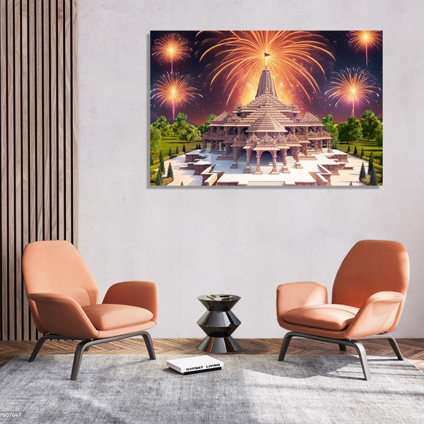 Ram Mandir front view with fireworks in the background sky