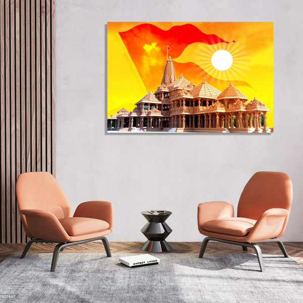 Ram Mandir side view with sun in right corner and Orange flag from left side