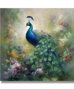 Realistic peacock in abstract greenish background 