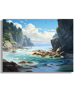 Rocky beach, blue sky, grey cliff with trees on top 