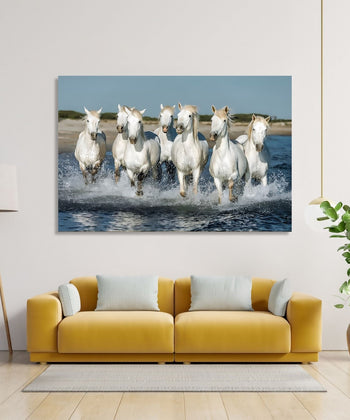 Secen, Prestine realistic white horses running on water and clear sky and river bank in background