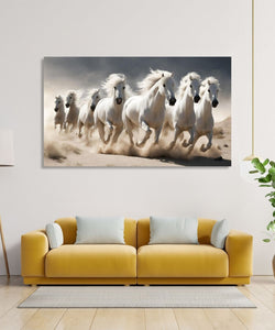 Seven, Prestine white horses running towards right in Desert sand and grey sky in background