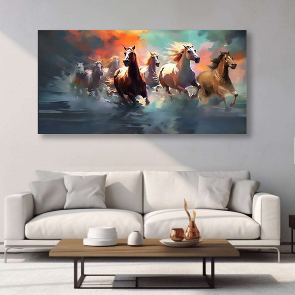 Seven horses, grey water blue n orange sky abstract Room 1