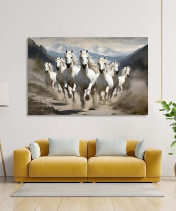 Seven white Horses running front on dusty ground and snow mountains in background