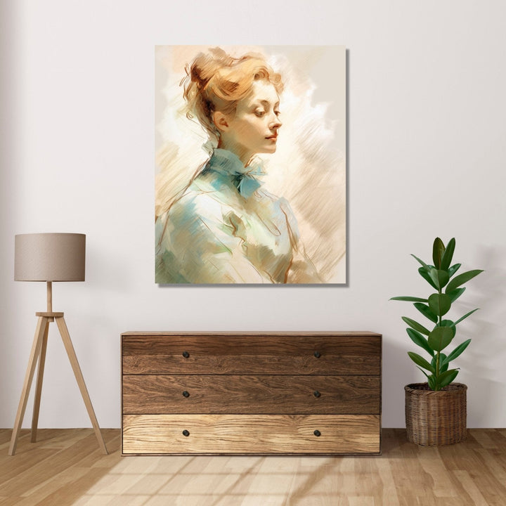 Side pose of a blond woman, hair tied up, wearing light blue dress, beige and white background