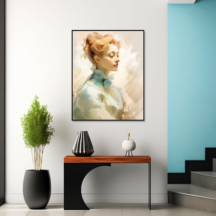Side pose of a blond woman, hair tied up, wearing light blue dress, beige and white background : Bed room Painting