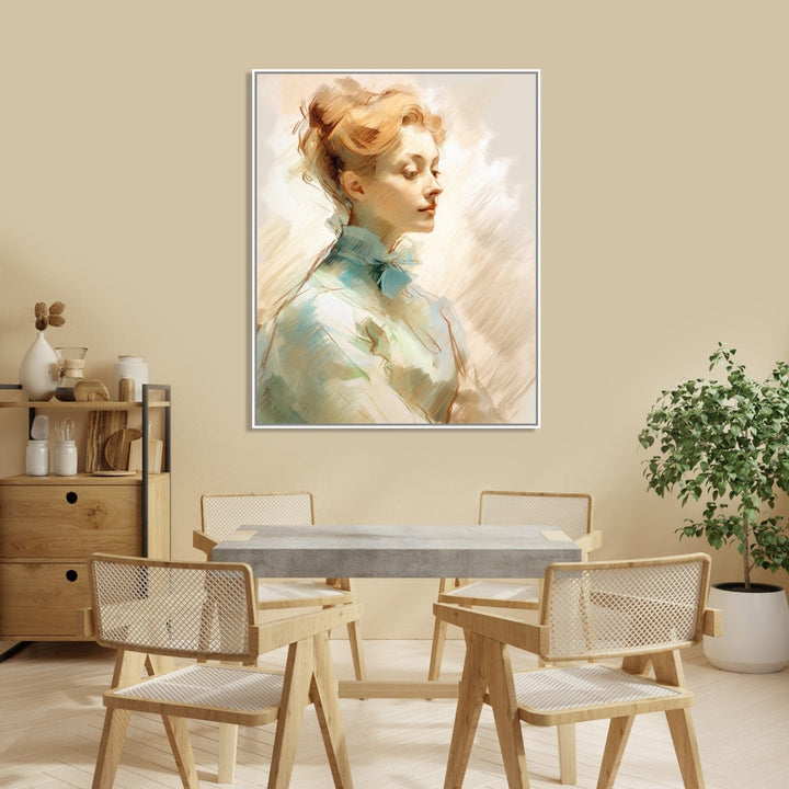 Side pose of a blond woman, hair tied up, wearing light blue dress, beige and white background : Dining room Painting